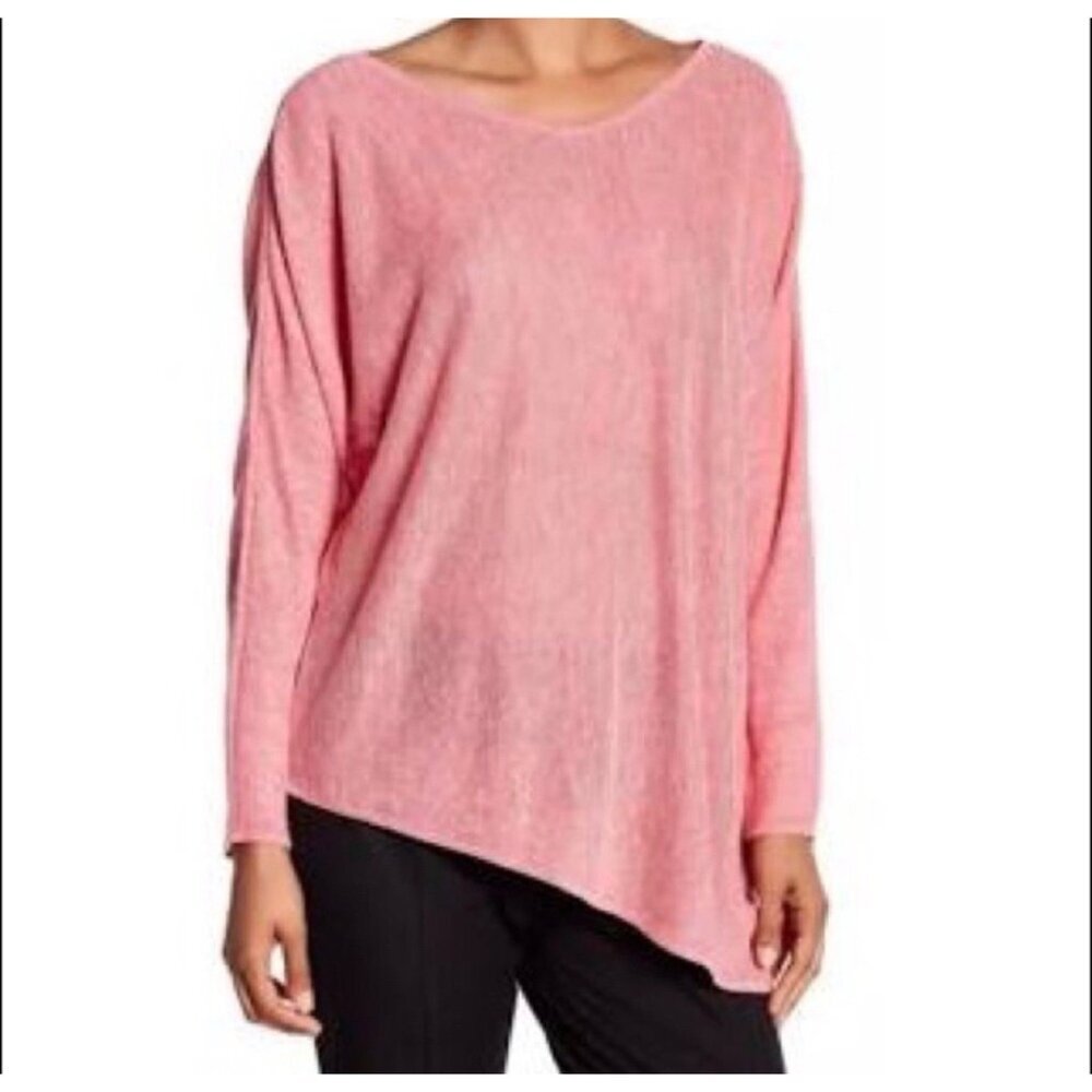 EILEEN FISHER Watermelon Pink Lightweight Linen Melange Links Asymmetrical Top M